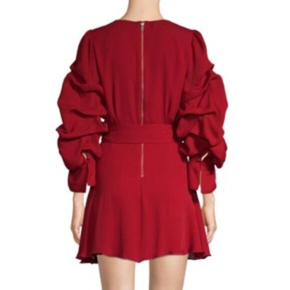 ALICE + OLIVIA Santina Tuck Sleeve Faux Wrap Silk Dress in Bordeaux Wine Size 6 - Picture 3 of 9